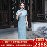 歐迪鳥(niǎo)（ODYBIRD）2025夏季新款日常改良版真絲長(zhǎng)旗袍送考復(fù)古氣質(zhì)桑蠶絲連衣裙 湖藍(lán)色 M