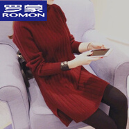 羅蒙（ROMON）高品質(zhì)羊毛衫加絨半高領(lǐng)韓版女裝寬松針織衫中長(cháng)款打底衫毛衣女上 酒紅 M 95-110