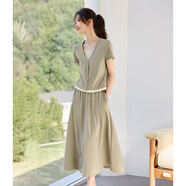 燕潯撞色假兩件連衣裙女2025夏季新款女裝休閑T恤半身裙套裝裙子女夏 淺豆綠 L 建議106-118斤