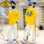 G.duck童裝男童夏裝套裝新款夏季男孩中大童運動(dòng)薄款t恤夏天衣服帥氣潮 黃色 140 cm