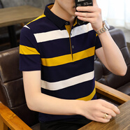 AFILMBY短袖T恤男士夏季休閑t恤打底衫衣服男裝條紋五分袖潮流翻領(lǐng)POLO男 8813藍黃 M (90-100斤)