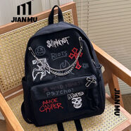 簡(jiǎn)慕酒紅色十字架朋克Y2K學(xué)生大容量美式書(shū)包雙肩包休閑包 黑色+徽章