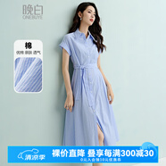 晚白2025年夏新款簡約氣質(zhì)知識分子文藝風(fēng)裙子條紋全棉收腰短袖連衣裙 條紋 L