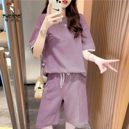 啄木鳥(niǎo)大d碼休閑運(yùn)動(dòng)套裝女2025夏韓版時(shí)尚寬松圓領(lǐng)短袖五分中褲兩件套 紫色 XL