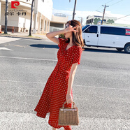 皮爾卡丹（pierre cardin）連衣裙女夏天2025新款法式桔梗復古顯瘦收腰v領(lǐng)紅色波點(diǎn)雪紡裙子 306紅色波點(diǎn) L