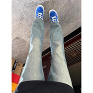 迪伽達冰藍色閃電紋牛仔褲男秋季美式高街微喇直筒褲cleanfit彎刀褲子男 GXFS-N33藍色 常規 XL 【身高175-180CM,建議135--155斤】