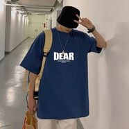 卡通美式t恤男oversize夏季寬松衣服ins潮牌半袖潮流高街時尚短袖 DEAR五分袖深藍色 3XL