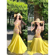 冉藝嵐同款法式淺綠色印花網(wǎng)紗吊帶連衣裙女夏海邊度假純欲性感魚(yú)尾包臀 蝴蝶抹胸裙 S