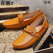 百麗尚熙豆豆鞋男真軟皮一腳蹬新款軟底懶人鞋潮流百搭透氣男士休閑皮鞋潮 棕黃15118 37