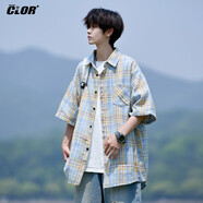 CLOR格子短袖襯衫男士夏季ins寬松休閑襯衣美式復(fù)古外套CLCX10黃色XL
