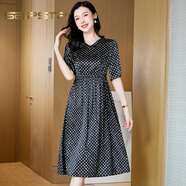 夏典素訂女王（SE.PSTP）19姆米重磅真絲連衣裙女夏季2025新款v領收腰顯瘦波點桑蠶C絲裙子 黑色杭州今年流行的輕奢品質 L