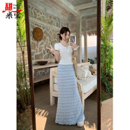 甜米寶甜美度假正肩T恤衫木耳邊蕾絲蛋糕魚(yú)尾半身裙2025夏季新款套裝女 藍色半身裙 【單件】 S 80-95斤