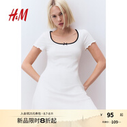 H&M女裝無領連衣裙2025夏季新款法式修身針織深圓領連身裙1272559 白色/花卉 L 170/104