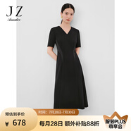 玖姿·安娜蔻簡約優(yōu)雅clean fit拼接收腰小V領(lǐng)連衣裙女2024夏款 素黑 M