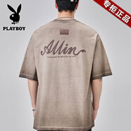 花花公子（PLAYBOY）2025年夏季新款重磅純棉短袖t恤男圓領(lǐng)潮牌青年寬松百搭半袖體恤 74卡其灰 S