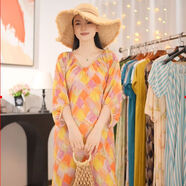 綺岑棉綢連衣裙女外穿法式輕薄高級度假氣質(zhì)碎花人造棉新款韓版夏季顯 南法格格南法假日群 XL 裙長(cháng)120CM