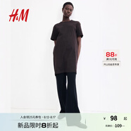 H&M女裝連衣裙秋季純棉圓領(lǐng)短袖簡約休閑舒適T恤式連身裙1278156 深棕色 L 170/104