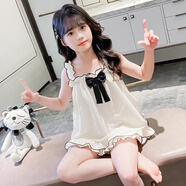 女童夏季睡衣新款中大童無(wú)袖吊帶睡裙兩件套裝小女孩可外穿家居服 杏色卡通瓊瑛5007 110 cm建議身高cm左右