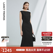 朗姿法式一字肩收腰抽褶設計感氣質(zhì)長(cháng)裙夏裝新款女禮服連衣裙 黑色 M