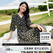 尚都比拉度假風(fēng)碎花連衣裙女夏天V領(lǐng)氣質(zhì)中長裙收腰A字雪紡裙子 黑花 XL