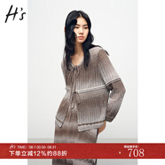 H's【商場同款】漸變微透針織開衫女秋新品寬松別致系帶罩衫 焦糖色 S