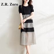 Z.R.Zoro奢侈品連衣裙女2025夏季新款泡泡袖寬松遮肉顯瘦條紋拼接連衣裙女 黑色 2XL