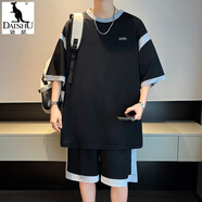 袋鼠（DAISHU）青少年夏季套裝短袖t恤男孩初中生高中生學(xué)生大童冰絲運動籃球服 10805-7011黑色套裝短袖+短褲 M (約70-100斤)