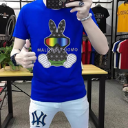 保羅上校 PAUL COL男士短袖t恤夏季新款潮流大碼洋氣青年修身薄款圓領(lǐng)上衣男 藍(lán)色燙鉆眼鏡兔子 S 建議95--110斤