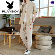 花花公子（PLAYBOY）純棉男套裝夏季短袖中國風(fēng)休閑復(fù)古大碼開衫兩件套潮流男士唐.裝 杏色【高品質(zhì)】 2XL