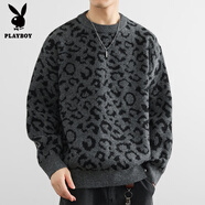 花花公子（PLAYBOY）2024男士圓領(lǐng)毛衣秋冬新款豹紋加厚針織衫美式潮牌寬松內(nèi)搭線衣服 深灰色 M 120斤以內(nèi)