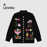 A LOVEU【新品】官網(wǎng) 時尚立領繡花圓領開衫毛衣女2025年秋冬新款 黑色 均碼