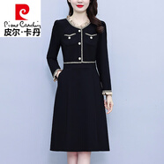 皮爾卡丹（pierre cardin）大號女裝秋季新款法式小黑裙感木耳邊打底衫女長(cháng)袖顯瘦連衣裙 黑色 XL 大碼110-125斤