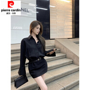 皮爾卡丹黑色長(cháng)袖襯衫連衣裙女2025年春季新款御姐風(fēng)氣質(zhì)裙子收腰包臀短裙 黑色送腰帶 S