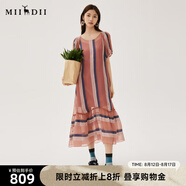謎底100%桑蠶絲連衣裙2024秋季新品條紋撞色A型長(cháng)裙短袖243GL1173 干枯玫瑰條 L