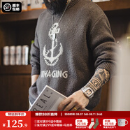 馬登工裝 美式復(fù)古針織船錨提花毛衣vintage套頭圓領(lǐng)打底衫男秋季 灰咖色 2XL