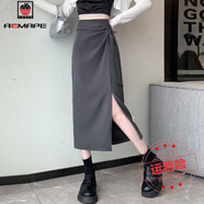 AEMAPE不規(guī)則雪紡西裝半身裙女夏綁帶高腰A字一步裙側(cè)開叉褶皺包臀長裙 灰色 S 建議80-95斤