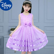 迪士尼女童連衣裙公主裙2024夏季新款演出禮服裙子女孩中大童兩朵花彩條 2朵花公主裙紫色 140 [適合身高1米3左右]