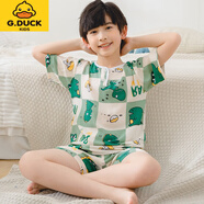 G.DUCKKIDS夏季新兒童棉綢睡衣短袖短褲女孩男童綿綢空調(diào)服中大童家居服套裝 短袖套裝方格恐龍 110 75適應(yīng)身高（90-100cm） 已