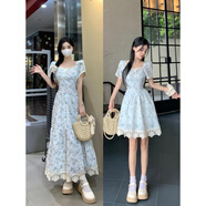 TTPMER2025大碼法式方領(lǐng)蕾絲高腰連衣裙女夏溫柔風(fēng)碎花裙 短裙 M
