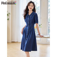 品彩（PinCai）牛仔連衣裙女通勤翻領(lǐng)高腰短袖牛仔裙減齡泡泡袖顯瘦A字裙P52Q003