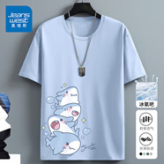 真維斯（Jeanswest）冰絲中袖男2025夏季簡(jiǎn)約印花寬松冰感速干短袖T恤男士大碼上衣服 淺藍(lán)色(大星星鯊右下標(biāo)) 2XL (185) (體重155-180斤)