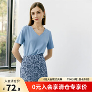 顏域（YANYEE）V領短袖T恤女夏裝2024年新款通勤簡約時尚百搭寬松針織衫上衣 藍色 XL