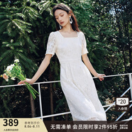 衣香麗影重工蕾絲方領(lǐng)連衣裙女2025年夏裝新款珠片四葉草茶歇裙子 米色 M