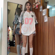 高街美式重磅插件拼接運動短袖T恤銀色蝴蝶結球衣v領寬松數(shù)字上衣 S