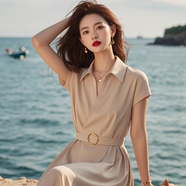 羅蒙法式襯衫連衣裙子女夏季2025新款氣質(zhì)顯瘦文藝輕熟風(fēng)收腰杏色裙子 杏色 L 105-115斤