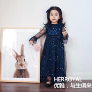 HERROYAL春夏裙女童公主裙連衣裙長(zhǎng)袖紗裙鋼琴表演生日禮 藏青色純棉內(nèi)襯 M 105c