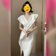 迪逸姿（DIYIZI）赫本風(fēng)V領(lǐng)飛飛袖連衣裙女2025夏收腰顯瘦開叉禮服長裙 白色連衣裙 M 【建議80-100斤】