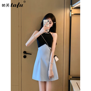 她芙（tafu）品牌女裝法式連衣裙女2025年夏季新款收腰顯瘦掛脖吊帶短款裙子 藍(lán)色 S