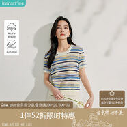 茵曼法式女裝彩虹條針織短袖t恤夏季新潮通勤套頭襯衫上衣 彩虹藍 L
