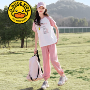 G.duck品牌童裝女童夏裝套裝短袖t恤褲子夏季兩件套洋氣女孩中大童衣服 BQ1617 粉色 150